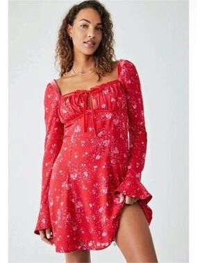 Free People Red Floral Bell Sleeve Dress ❤️